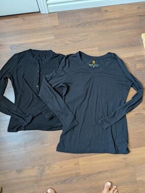 Set Of 2 Black Long Sleeve Henley & V-Neck Layering Tops